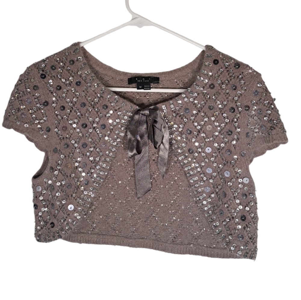 ECI Taupe Sequened Beaded Angora Wool Knit Shrug with Front Bow Size Medium